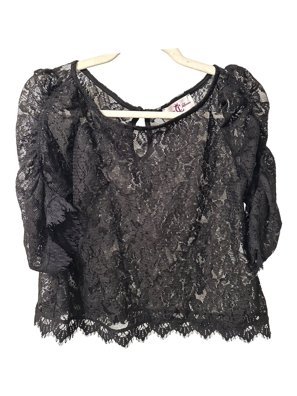 Vintage Black Lace Ruched-Sleeve Blouse